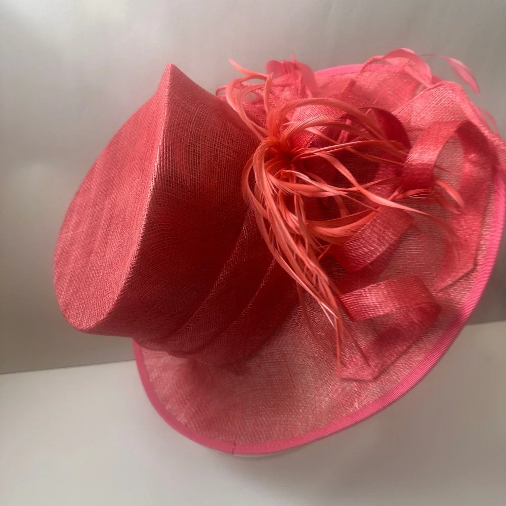 Emma B Design Balfour Hats England Coral Pink Sinamay Feather Fascinator Hat
